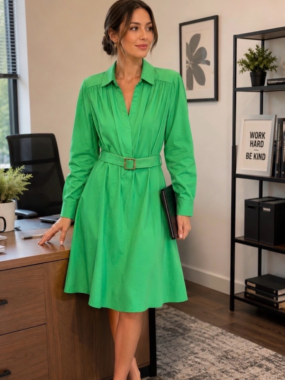 NWT Calvin Klein V-Neck Long Sleeve A-Line Belted Dress Fern Green Size 4